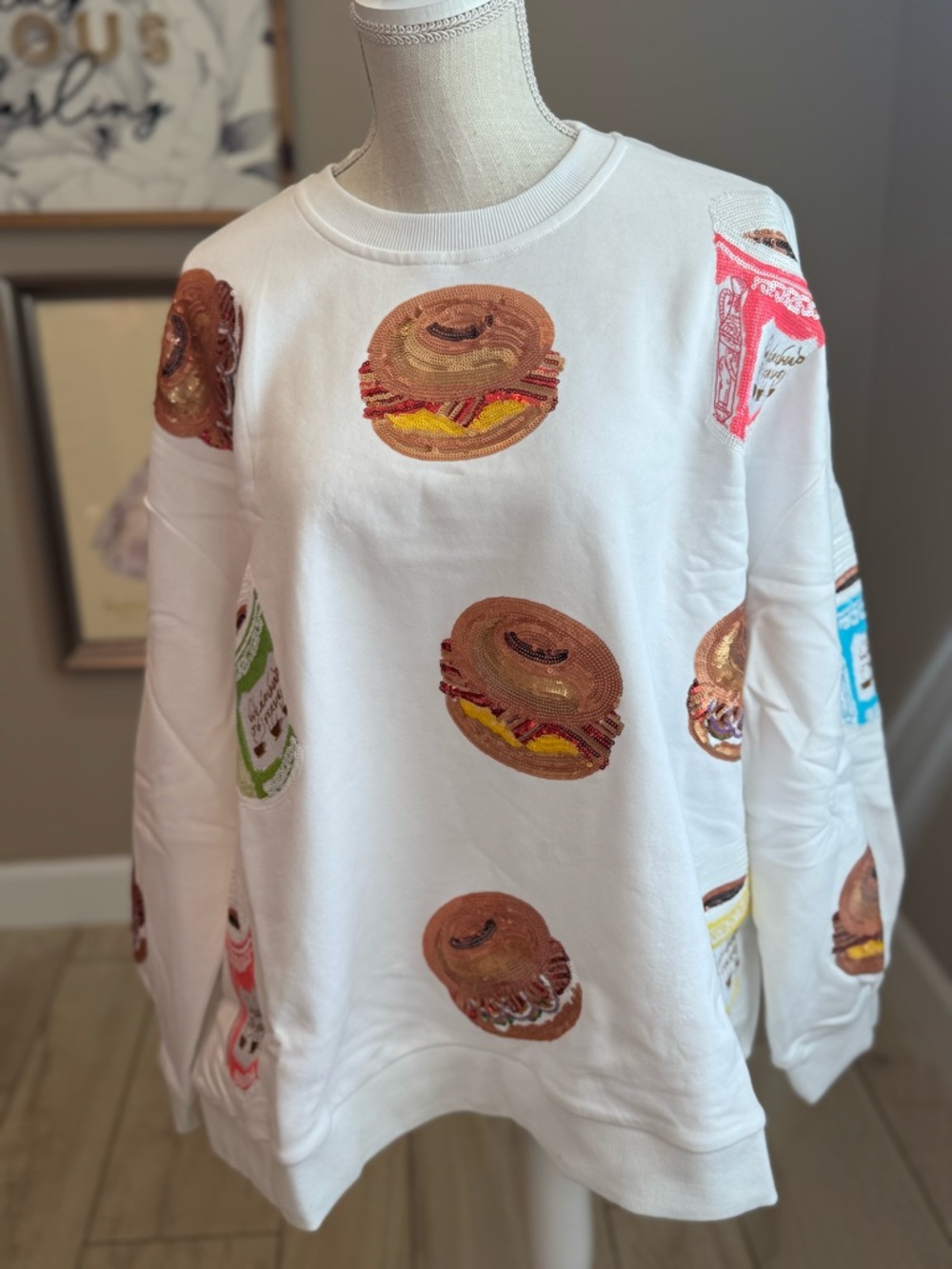 ❌SOLD❌New! QUEEN OF SPARKLES White Sequin Bagel & Coffee Sweatshirt - Picture 2 of 9